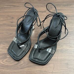 Schutz Meghan Black Clear Vamp Lace Up Open Toe Stiletto Silver Heels Sandals 10